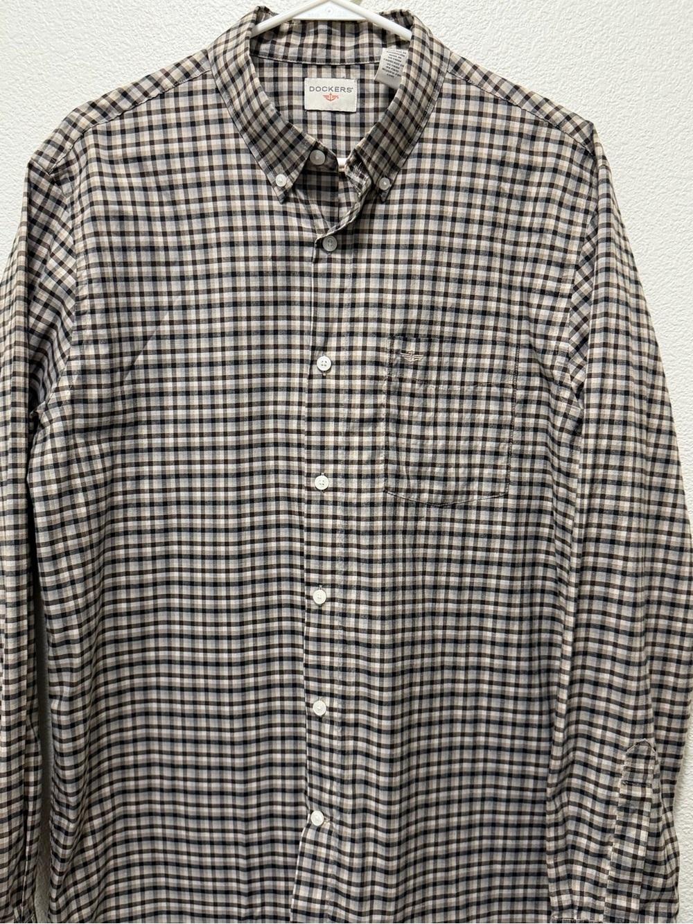 Docker brown plaid button down long sleeve shirt, men's large